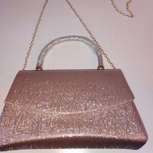 Rose Gold Glitter Crossbody Evening Bag w Rhinestone handle